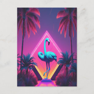 Carte Postale Neon Flamant rose Palmiers Vaporwave Esthétique