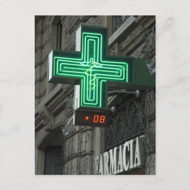 Carte Postale Neon Green cross en dehors de Farmacia (pharmacie  (Devant)