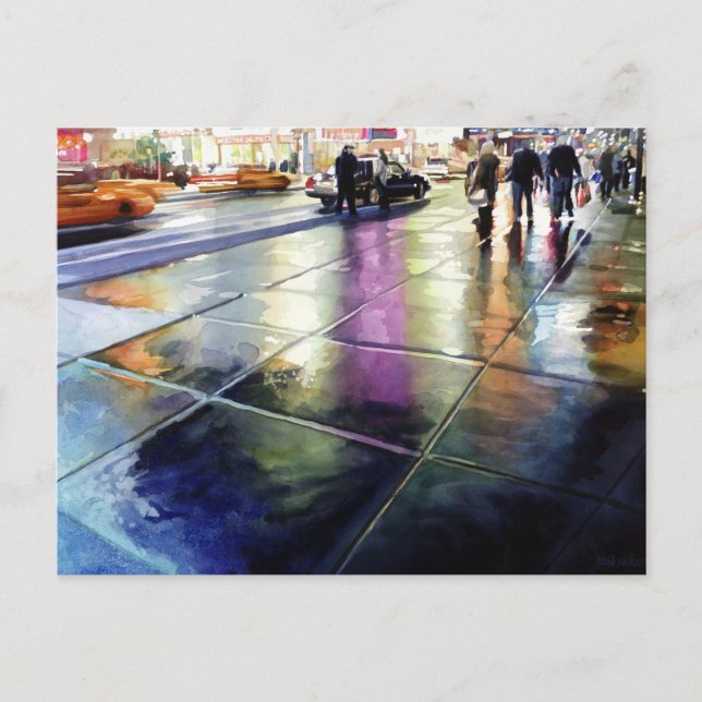 Carte Postale "Neon Rain" Aquarelle de New York (Devant)