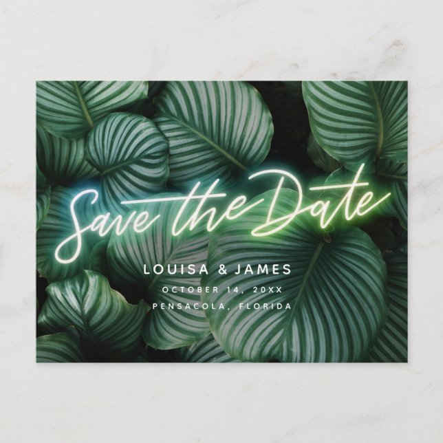 Carte Postale Neon Sign Modern Tropical Enregistrer la date (Devant)