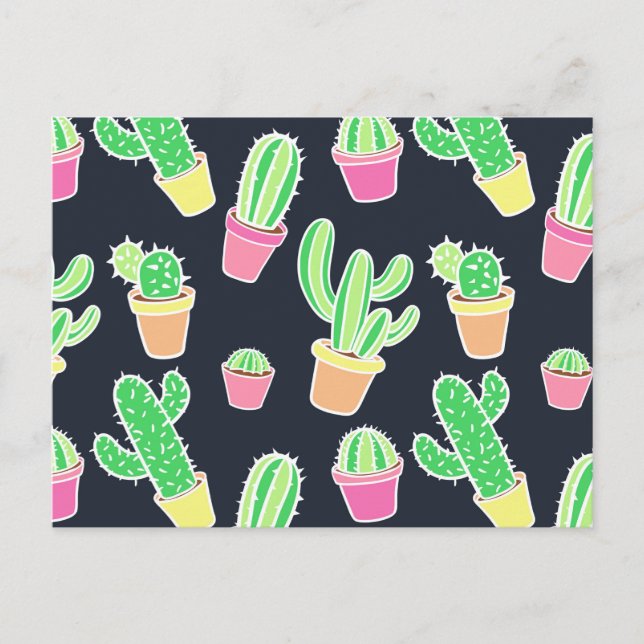 Carte Postale Neon Watercolor Cacti in Pot Pattern (Devant)