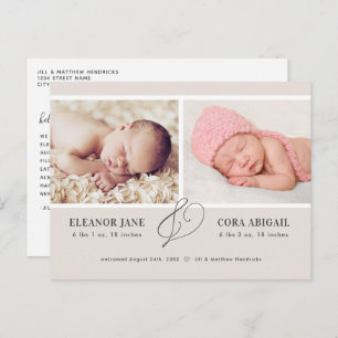Carte Postale Neutre Tan Faire-part de naissance Twins Moderne