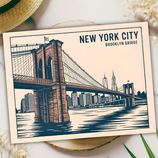 Carte Postale New York Brooklyn Bridge Skyline Bold Retro Travel (New York Brooklyn Bridge Skyline Bold Retro Travel Postcard)