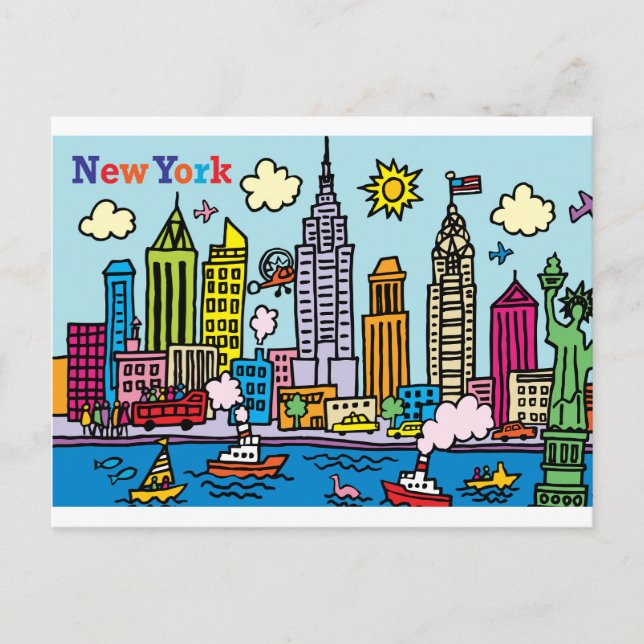 Carte Postale New York Cartoon Visite Les Bâtiments (Devant)