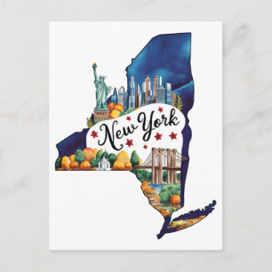 Carte Postale New York City USA État Forme Aquarelle Vintage