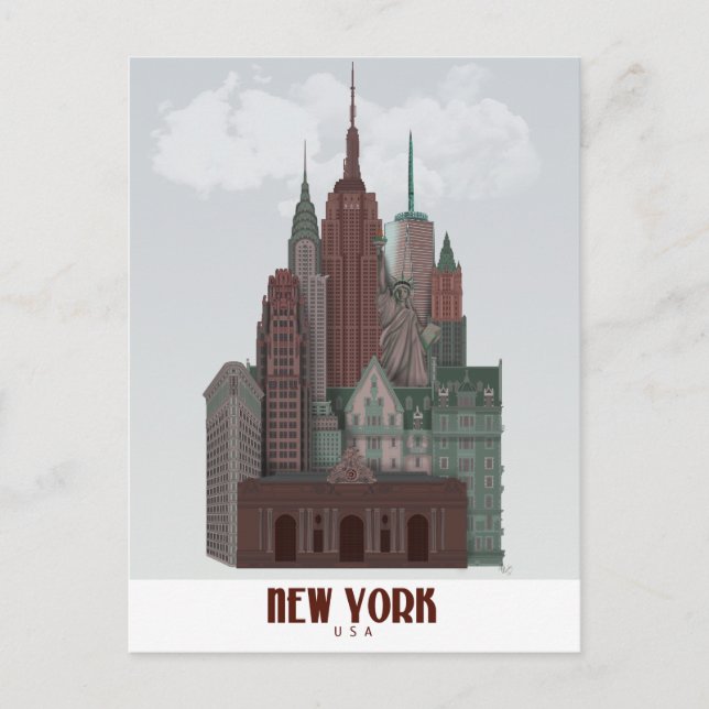 Carte Postale New York dans les nuages - Rouge foncé et vert (Devant)
