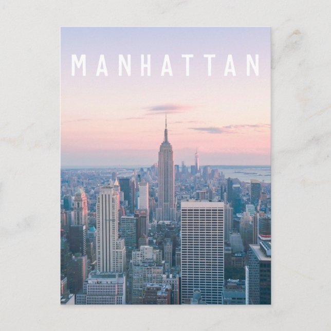 Carte Postale New York Manhattan Texte rose bleu Skyline Sunset (Devant)