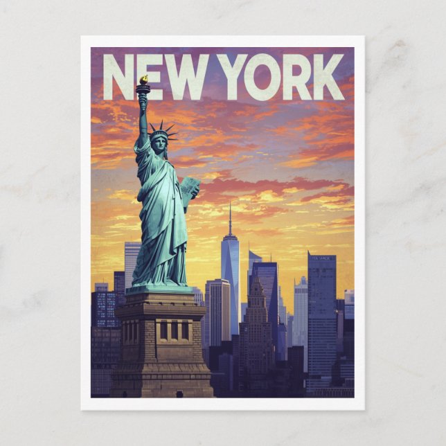 Carte Postale New York Travel Poster: Statue of Liberty Sunset (Devant)