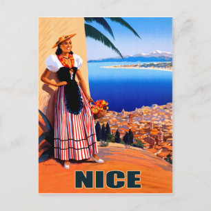 Carte Postale Nice, femme regarde la Côte d'Azur, vintage