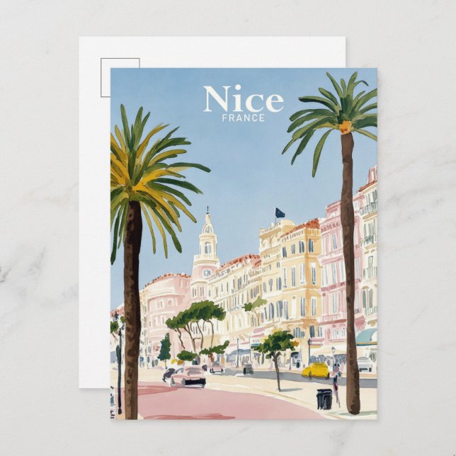 Carte Postale Nice France Aquarelle Peinture Voyage (Devant / Derrière)