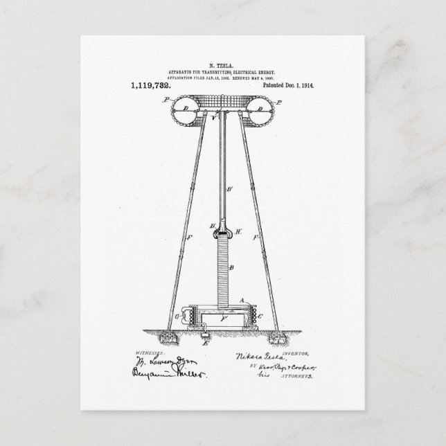 Carte Postale Nikola Tesla Energy Transmission Pantent US1119732 (Devant)