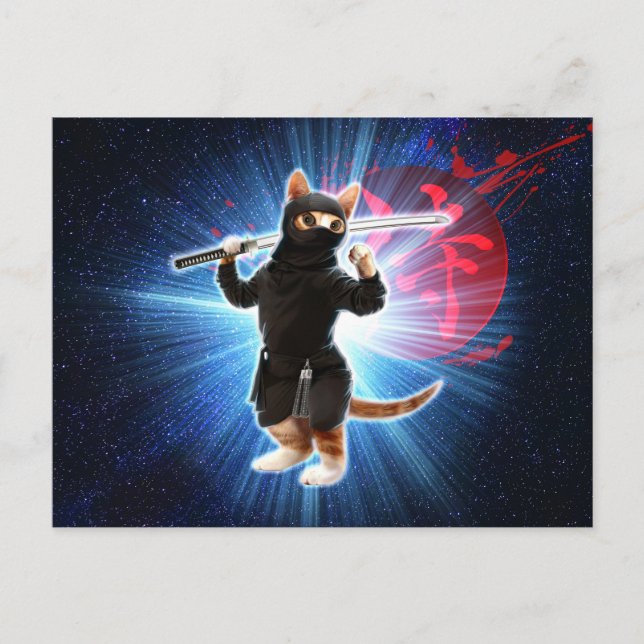 Carte Postale Ninja Chat dans l'espace. (Devant)