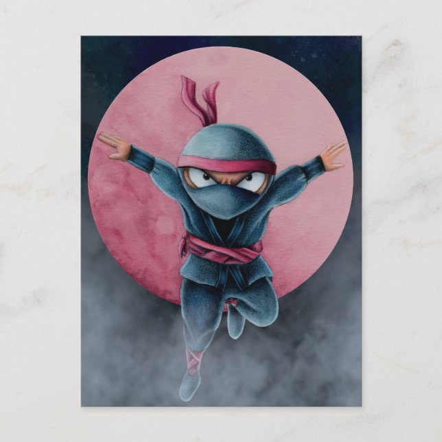 Carte Postale Ninja sauteur Lune Rouge  (Devant)