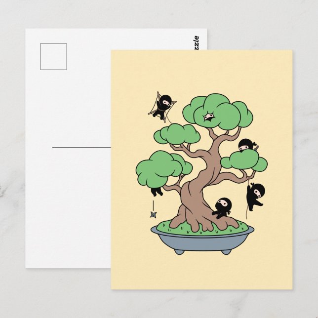 Carte Postale Ninjas minuscules en bonsaï sur jaune (Devant / Derrière)