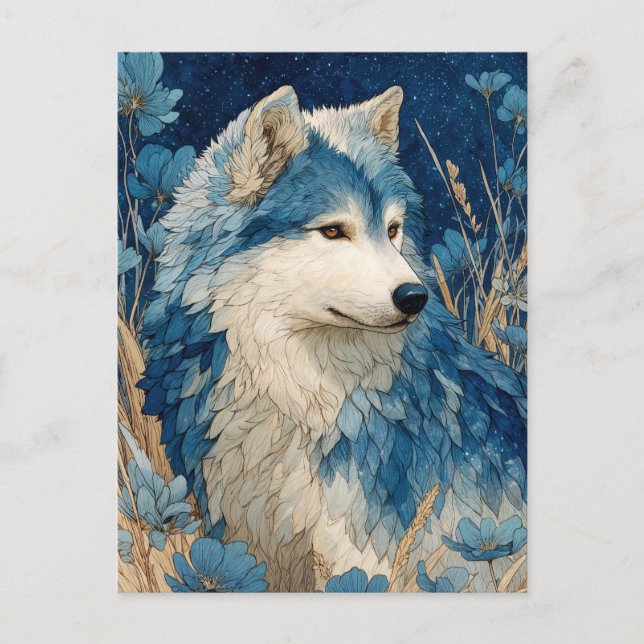 Carte Postale Noble Blue Wolf dans le jardin d'herbe dorée (Devant)