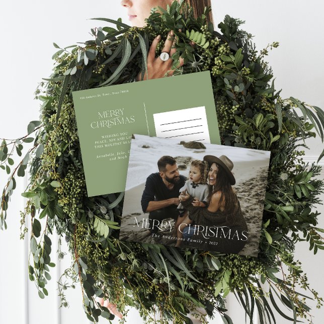 Carte Postale Noël 1 photo sauge vert moderne typographie (Créateur téléchargé)