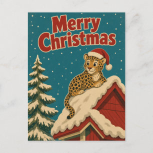 Carte Postale Noël animal toit neige léopard