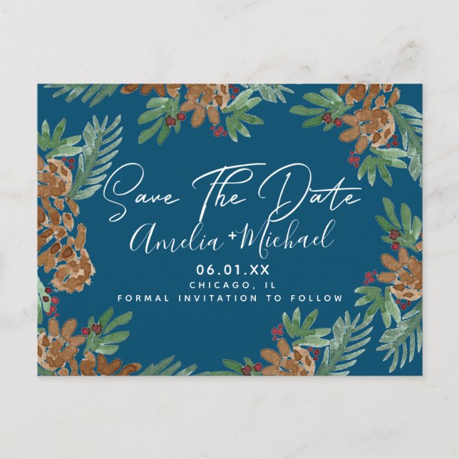 Carte Postale Noël Aquarelle Cônes de Pin Save the Date (Devant)