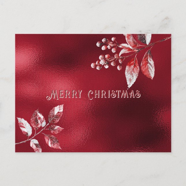 Carte Postale Noël aux feuilles rouges enneigées (Devant)