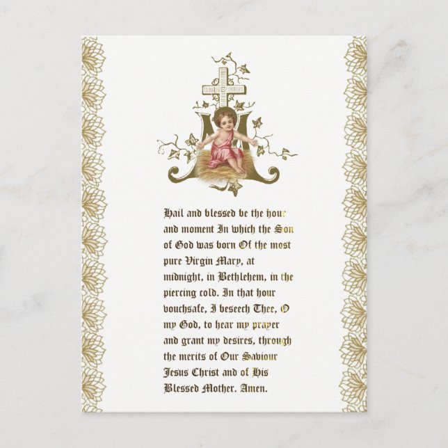 Carte Postale Noël Bébé Jésus en Manger Croix mariale (Devant)