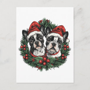 Carte Postale Noël Boston Terrier Chiens de vacances Wreath