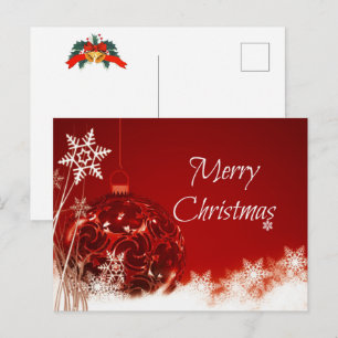 Carte Postale Noël - Boule Rouge et Flocons de Neige Blancs