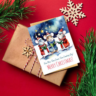 Carte Postale Noël carols souris chantant aquarelle mignonne