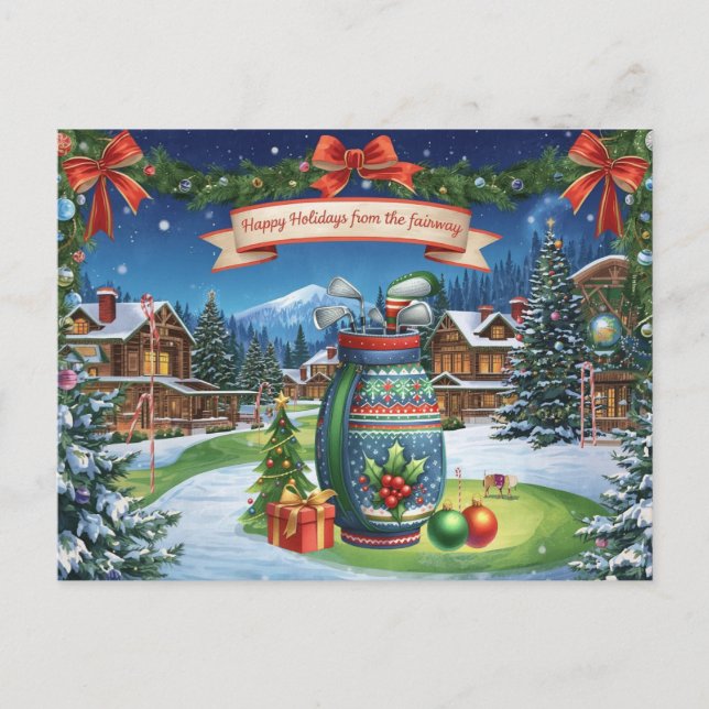 Carte Postale Noël de golf avec sac de golf en vert (Devant)