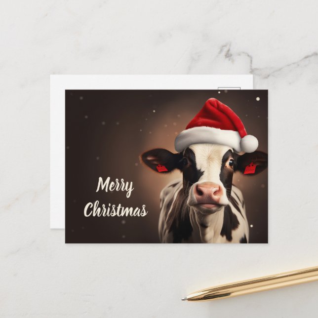 Carte Postale Noël de la vache du Père Noël (Devant/Arrière en situation)