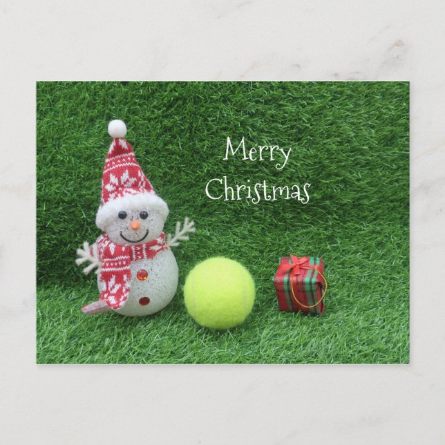 Carte Postale Noël de tennis avec Snowman et balle de tennis (Devant)