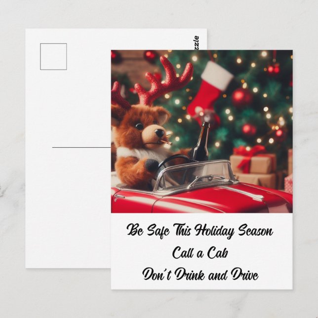 Carte Postale Noël des rennes ivres Ne buvez pas et ne conduisez (Devant / Derrière)