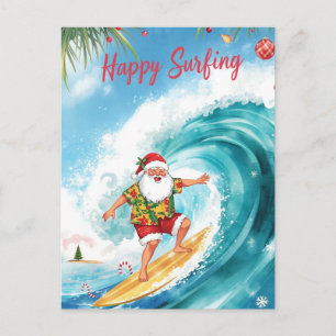 Carte Postale Noël en surf avec PÈRE NOËL
