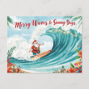 Carte Postale Noël en surf avec PÈRE NOËL
