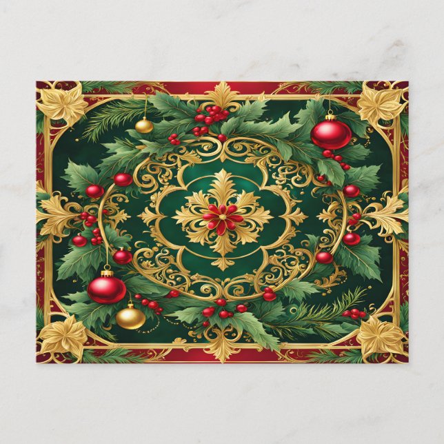 Carte Postale Noël Férié Rouge Or Vert Décoratif (Devant)