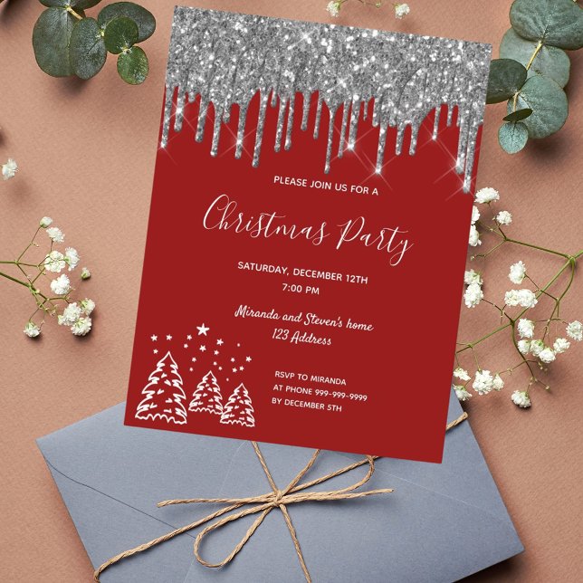 Carte Postale Noël fête rouge parties scintillant argent invitat (Créateur téléchargé)