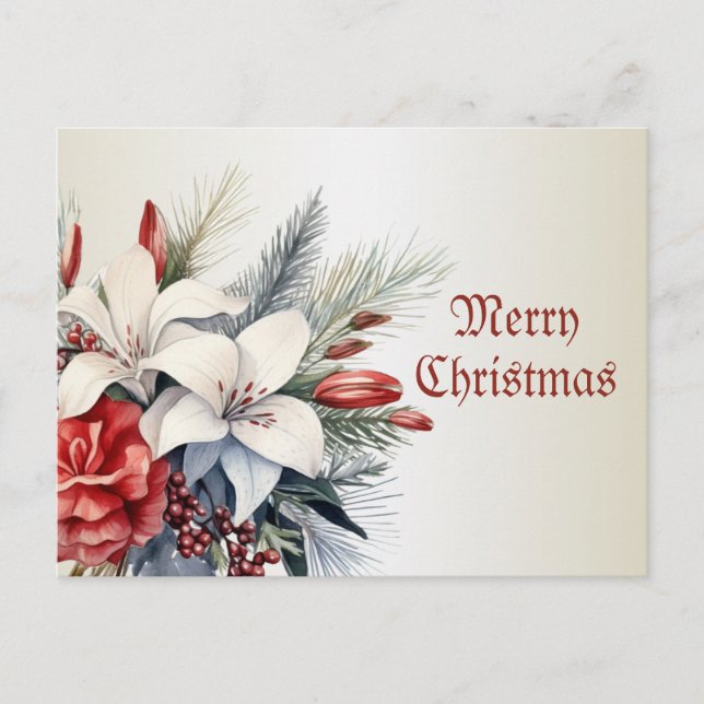Carte Postale Noël Fleurs Blanches Rouges Fêtes Élégant (Devant)