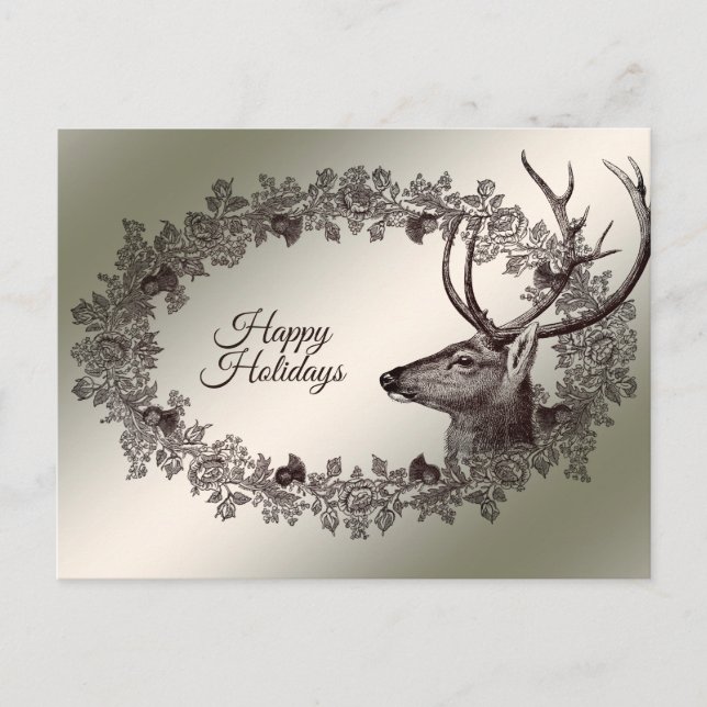 Carte Postale Noël Fleurs Renne Doré Hiver (Devant)