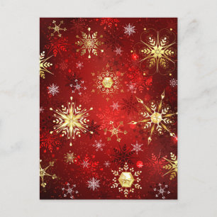 Carte Postale Noël Golden Snowflakes sur Arrière - plan rouge