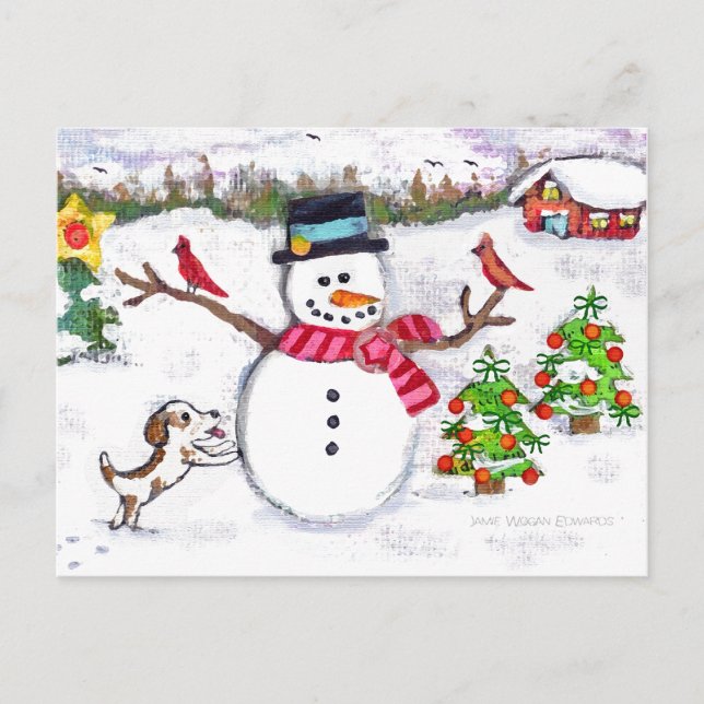 Carte postale Noël hiver Snowman & Chien Chien (Devant)