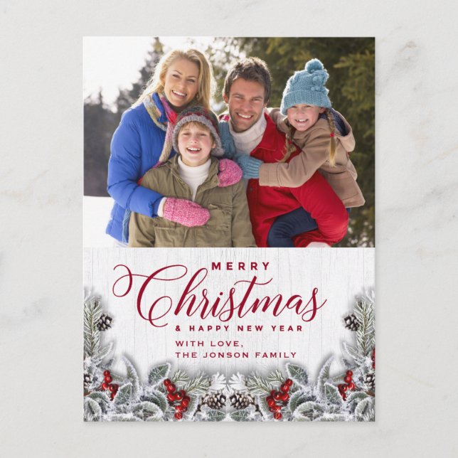 Carte Postale Noël Holly Pine Rustic Photo de vacances Salutatio (Devant)