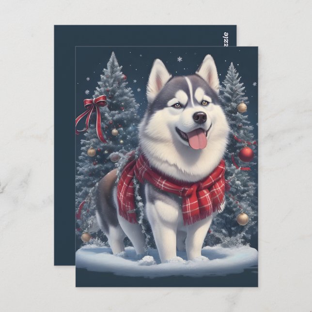 Carte Postale Noël Husky Chien magique Noël Noël Esprit de Noël (Devant / Derrière)