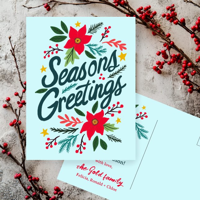 Carte Postale Noël Joyeuses Fêtes Noël Noël Noël Noël (SEASONS GREETINGS Christmas Holiday Xmas Hand-Drawn Cute Botanical CUSTOM Postcard
)