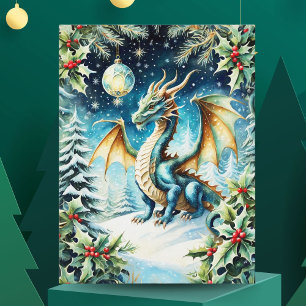 Carte Postale Noël Magique du Dragon avec le houx