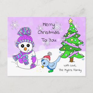 Carte Postale Noël mignon et blanc Snowman et Bird
