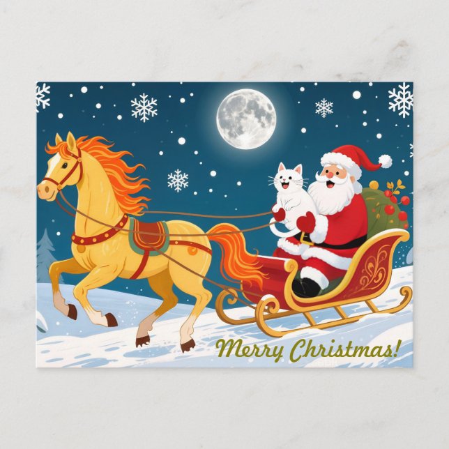 Carte Postale Noël, Nouvel An, Cheval Rouge, Père Noël & Chat Bl (Devant)