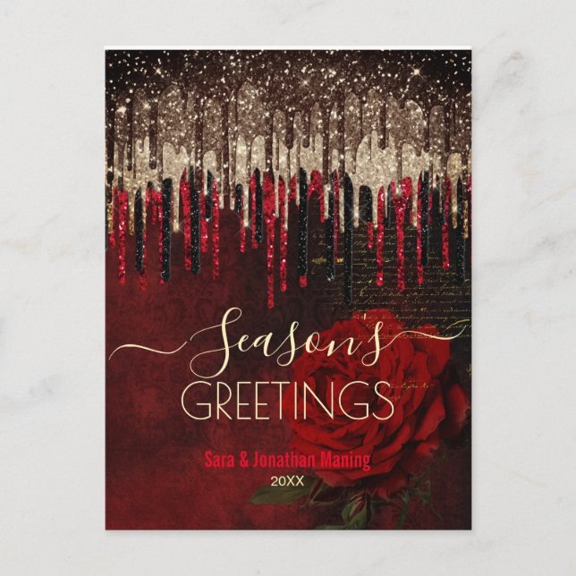 Carte Postale Noël Nouvel An Fleur rouge or parties scintillant  (Devant)