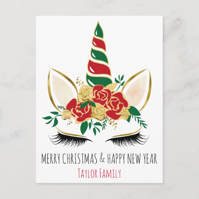 Carte Postale Noël Nouvel An Hiver Unicorne (Devant)