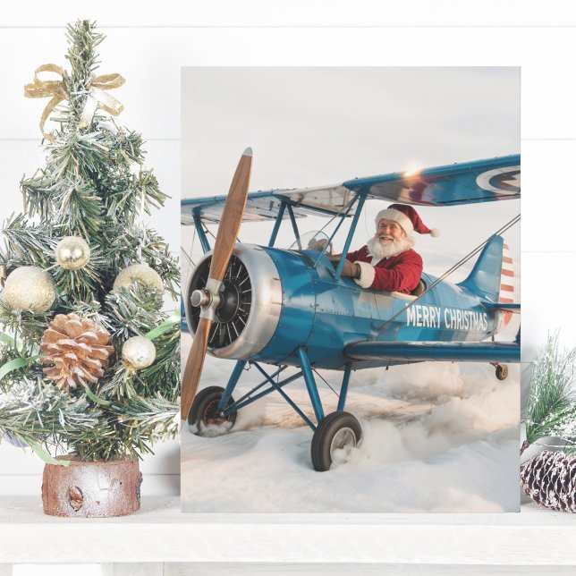 Carte Postale Noël Père Noël Blue Biplane Avion & Photo Drôle (Créateur téléchargé)