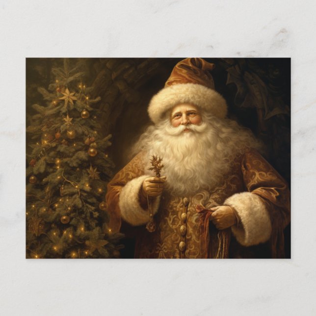 Carte Postale Noël Père Noël Ornements Dorés Pin (Devant)