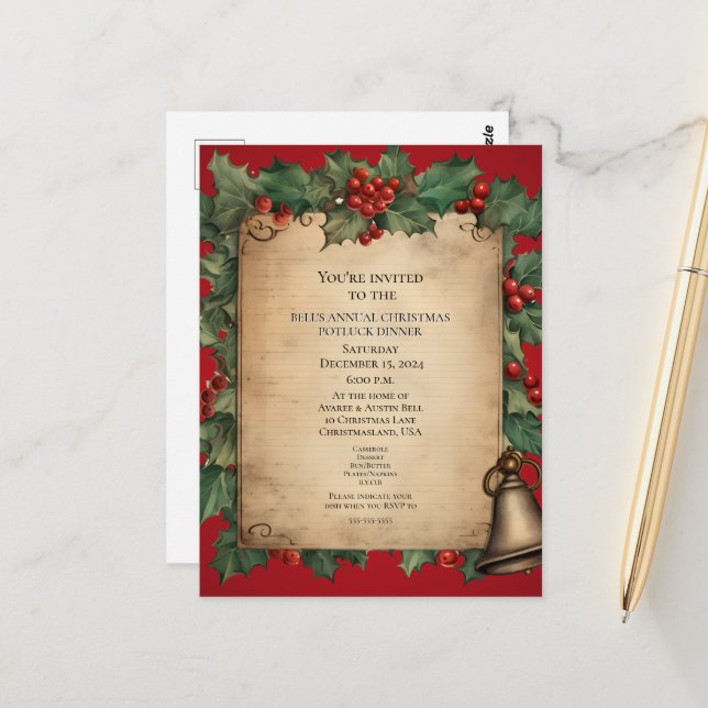 Carte Postale Noël Potluck Dîner Old World Scroll Invitat (Devant/Arrière en situation)